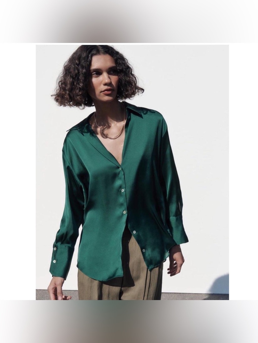 Zara Deep Emerald Satin Button-Down Blouse sz XS